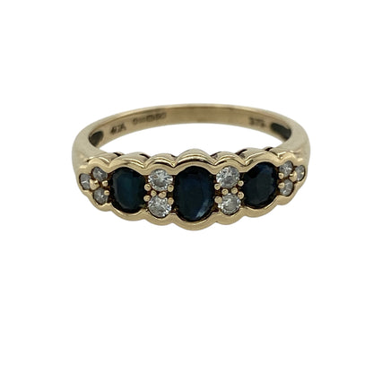 9ct Gold Diamond & Sapphire Set Trilogy Band Ring