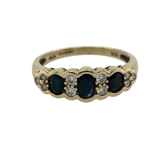 9ct Gold Diamond & Sapphire Set Trilogy Band Ring