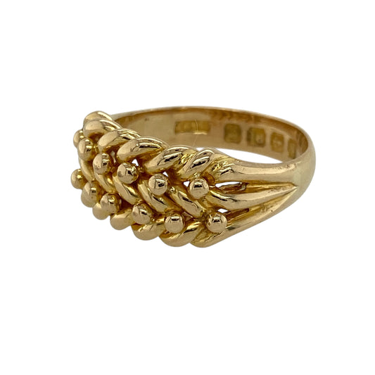 Add a bold and timeless piece to your jewellery collection with this pre-owned 18ct yellow gold double row vintage style keeper ring, combining traditional design with a strong and distinctive presence—perfect for everyday wear or making a statement.

Design: The ring features a classic double row keeper style with interwoven detailing, creating a textured and vintage-inspired look that stands out.
