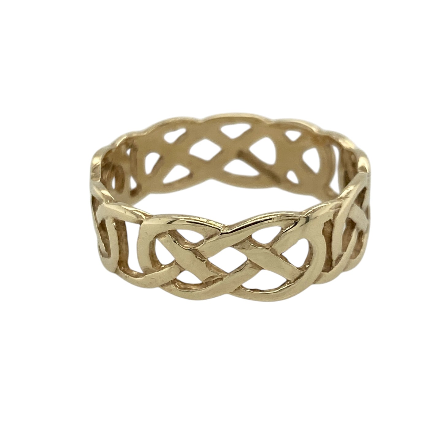 Add a meaningful and stylish piece to your jewellery collection with this pre-owned 9ct yellow gold open Celtic knot band ring, combining traditional symbolism with a bold design—perfect for everyday wear or making a statement.

Design: The ring features an open Celtic knot design across the band, symbolising eternity and connection, with an intricate and eye-catching pattern.
Material: Made from 9-carat yellow gold, it has a polished finish that enhances its warm tone and highlights the detailed knotwork.