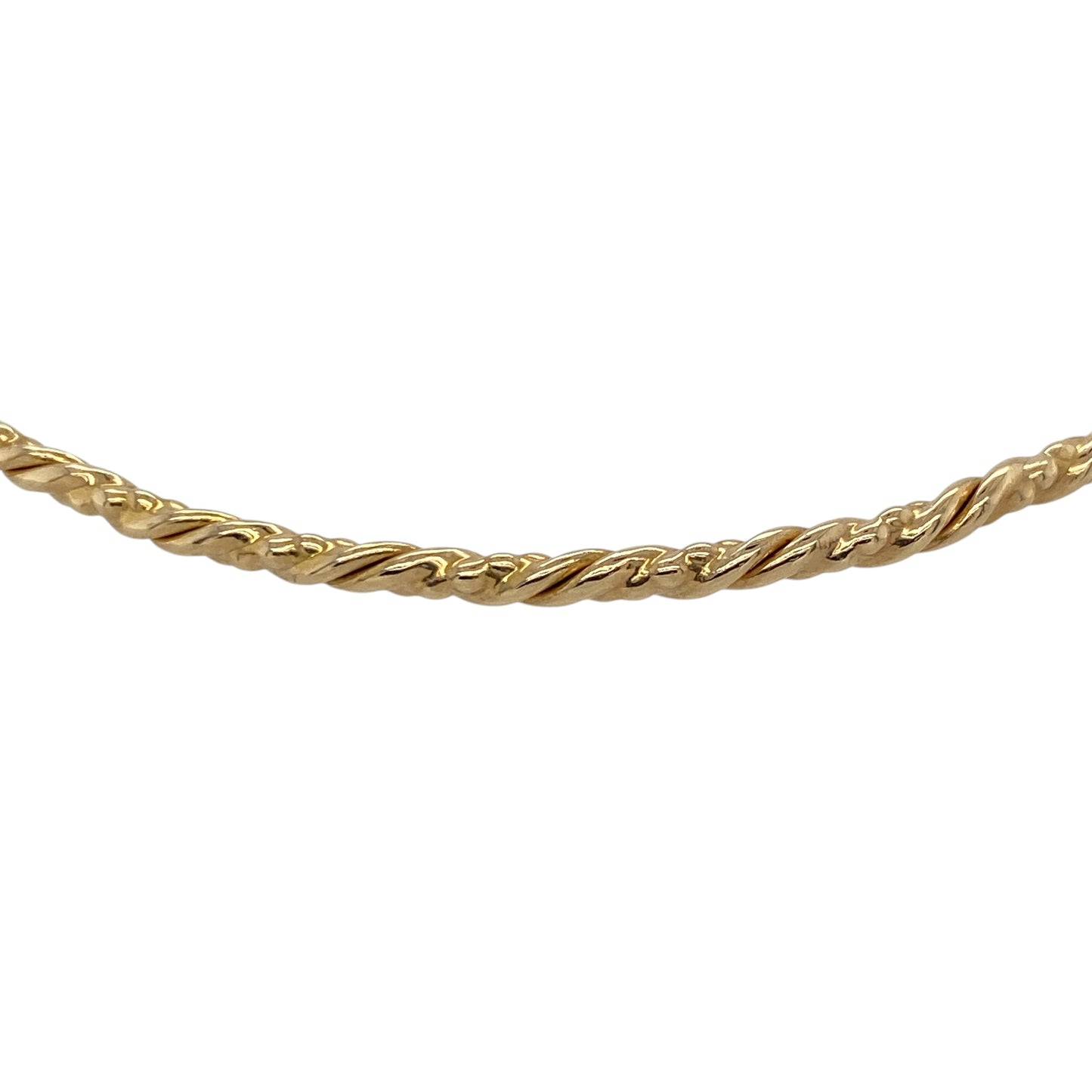 Add a touch of subtle texture to your jewellery collection with this pre-owned 9ct yellow gold twisted bangle, offering a timeless design with a refined finish—perfect for everyday wear or stacking.

Design: The bangle features a slim twisted design, creating a delicate and light-catching effect that adds gentle detail to a classic shape.
Material: Made from 9-carat yellow gold, it has a polished finish that enhances its warm tone and highlights the twisted pattern.