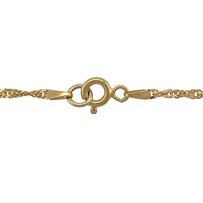 Add a touch of elegance to your jewellery collection with this pre-owned 9ct yellow gold 18" Singapore chain, offering fluid movement and subtle sparkle—perfect for everyday wear or layering.

Design: The chain features a classic Singapore link design, with twisted and faceted links that create a flowing, light-catching effect.
Material: Made from 9-carat yellow gold, it has a polished finish that enhances its warm tone and reflective quality.