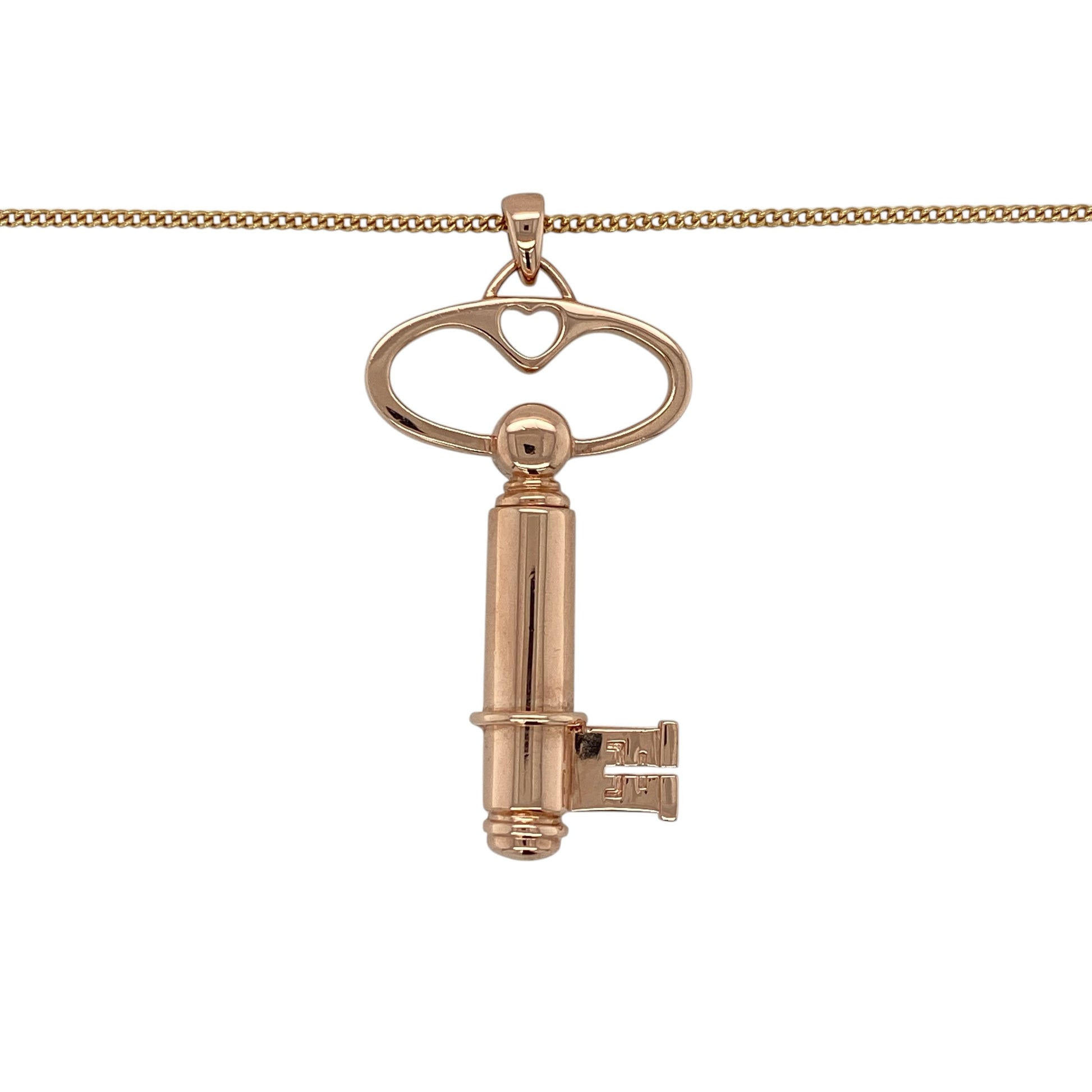 Add a unique and meaningful piece to your jewellery collection with this pre-owned 9ct rose gold Clogau key pendant on an 18" Clogau curb chain necklace, combining elegant design with a hidden sentimental feature—perfect for gifting or everyday wear.

Design: The necklace features a beautifully detailed key pendant, symbolising love, trust, and new beginnings, suspended from a classic curb chain.