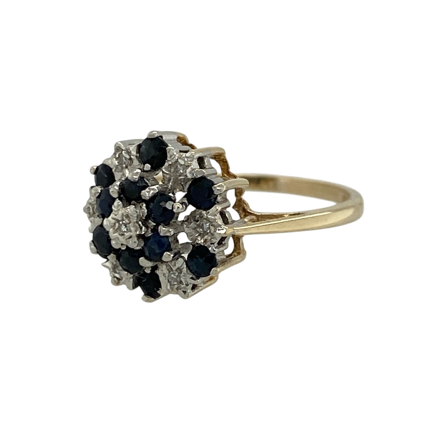 Add a bold and elegant piece to your jewellery collection with this pre-owned 9ct yellow gold diamond and sapphire set cluster ring, combining rich colour with classic sparkle—perfect for everyday wear or special occasions.

Design: The ring features a striking cluster design, showcasing multiple sapphires arranged with diamond accents to create a full and eye-catching look.