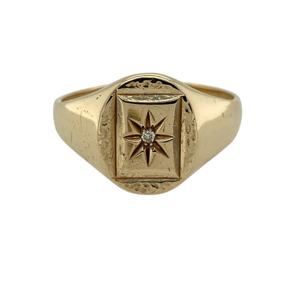 9ct Gold & Diamond Starburst Set Patterned Oval Signet Ring