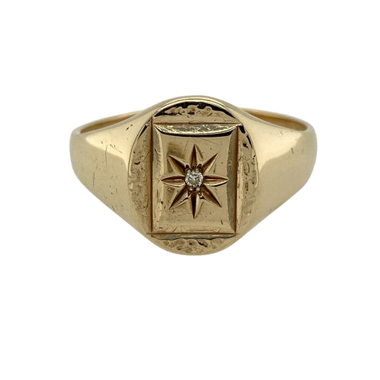 9ct Gold & Diamond Starburst Set Patterned Oval Signet Ring