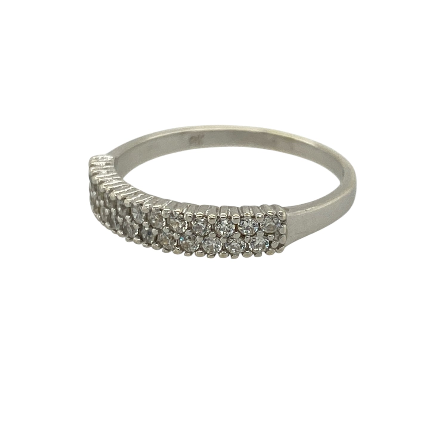 Add a touch of sparkle to your jewellery collection with this pre-owned 9ct white gold cubic zirconia double row band ring, combining classic style with a modern finish—perfect for everyday wear or stacking.

Design: The ring features a double row band design, set with cubic zirconia stones to create a layered and eye-catching look with added brilliance.
