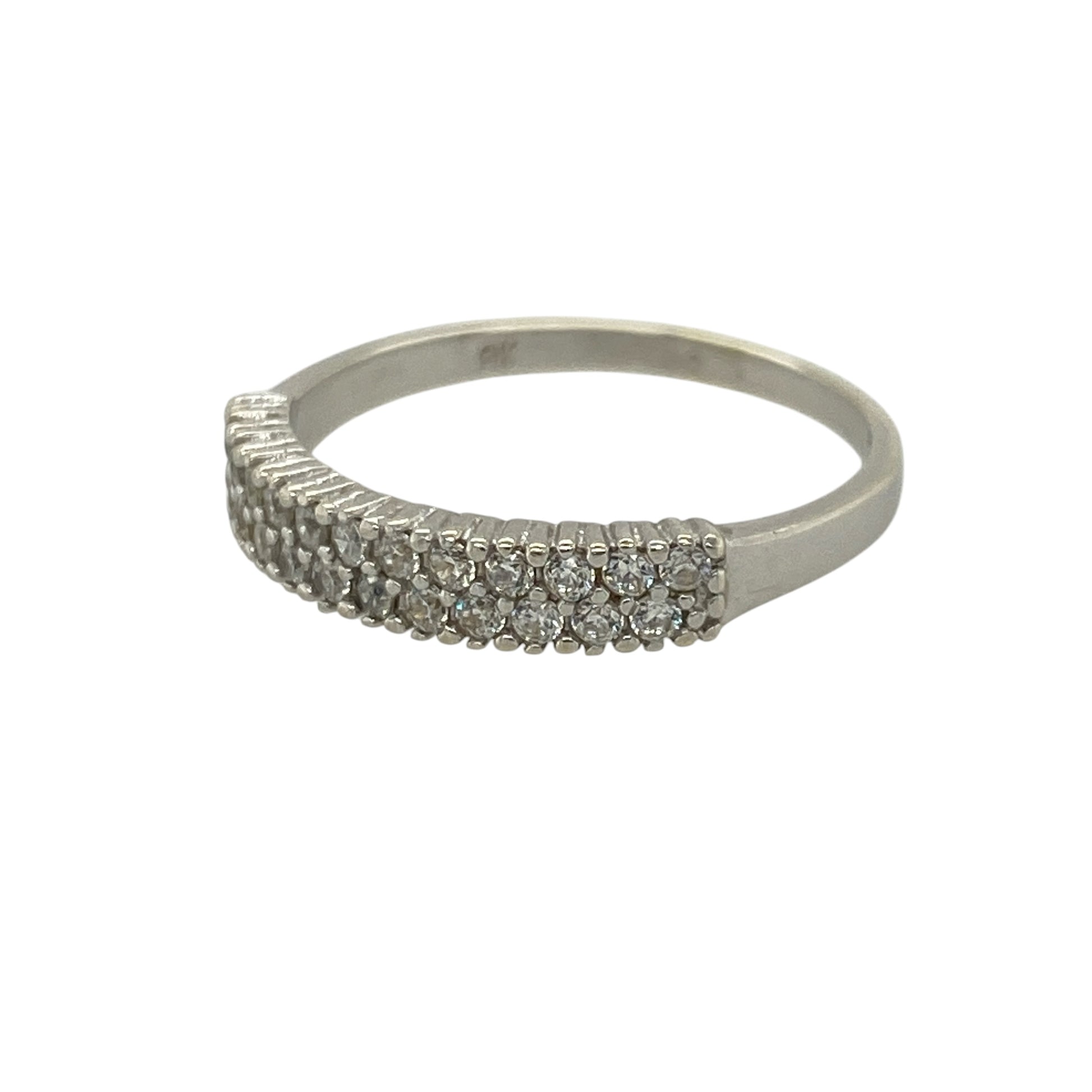 Add a touch of sparkle to your jewellery collection with this pre-owned 9ct white gold cubic zirconia double row band ring, combining classic style with a modern finish—perfect for everyday wear or stacking.

Design: The ring features a double row band design, set with cubic zirconia stones to create a layered and eye-catching look with added brilliance.