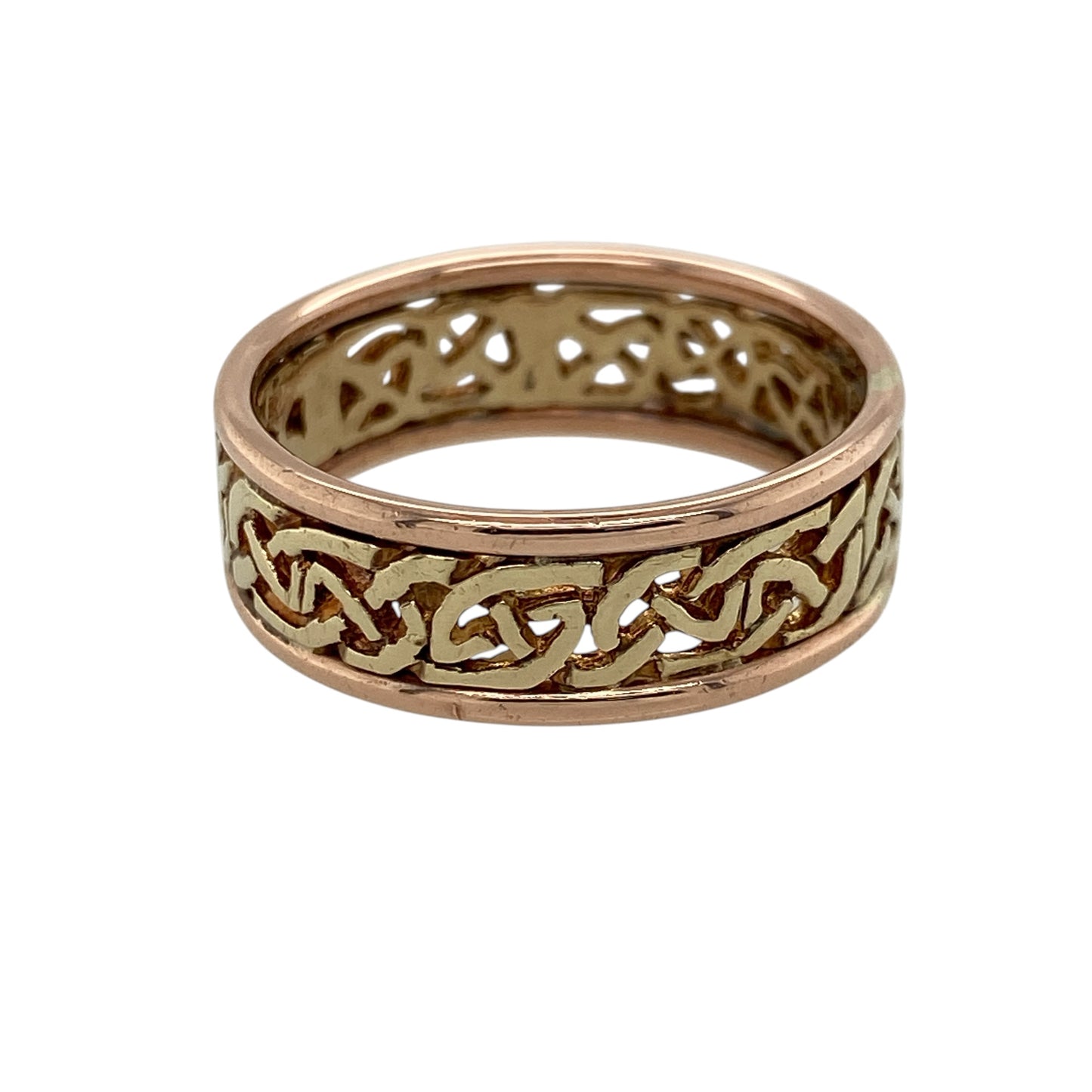 Add a meaningful and stylish piece to your jewellery collection with this pre-owned 9ct yellow and rose gold Celtic knot band ring, combining traditional symbolism with a bold two-tone design—perfect for everyday wear or special occasions.

Design: The ring features a classic Celtic knot pattern across the band, symbolising eternity and connection, with intricate detailing throughout.
