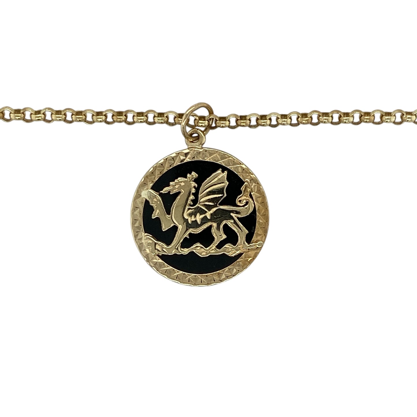 Add a bold and meaningful piece to your jewellery collection with this pre-owned 9ct yellow gold onyx backed Welsh dragon round pendant on a 21" belcher chain necklace, combining heritage symbolism with striking design—perfect for everyday wear or statement styling.

Design: The necklace features a round pendant showcasing the iconic Welsh dragon motif set against an onyx backing, creating a strong and eye-catching contrast, suspended from a classic belcher chain.