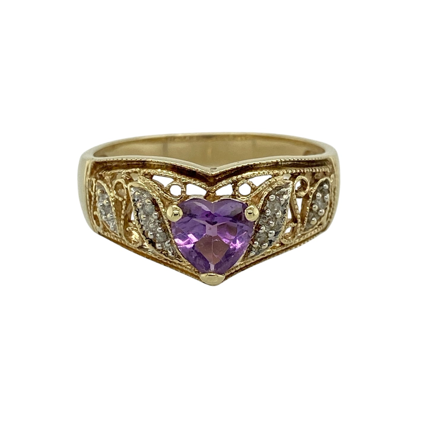 9ct Gold Diamond & Amethyst Set Wishbone Ring