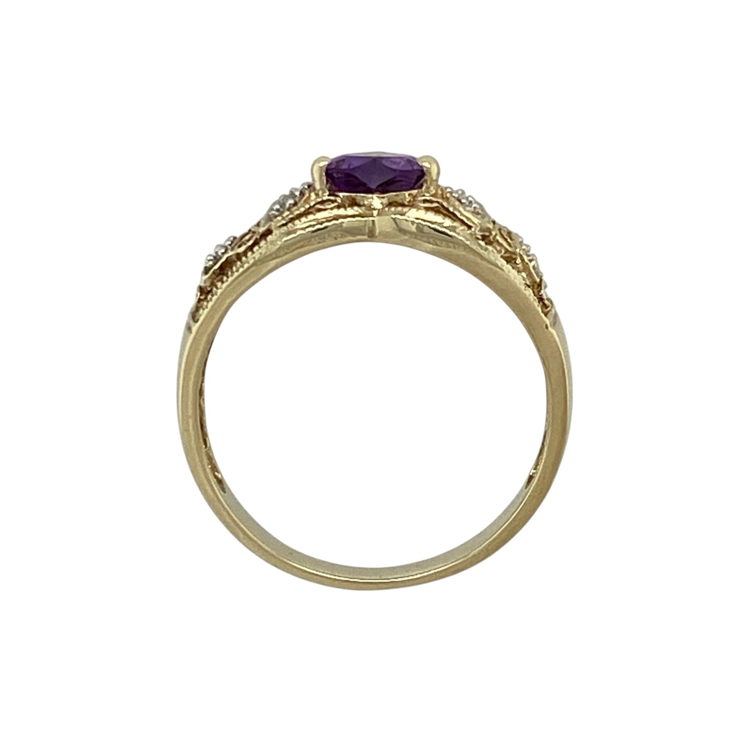 9ct Gold Diamond & Amethyst Set Wishbone Ring