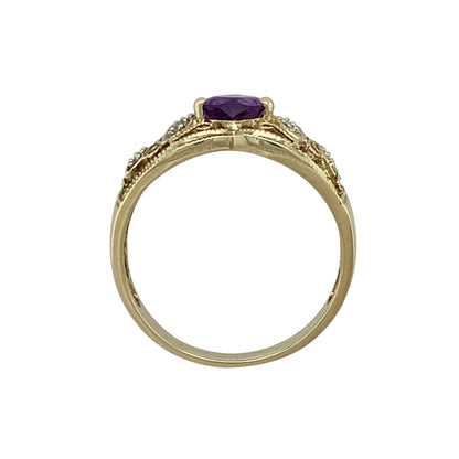 9ct Gold Diamond & Amethyst Set Wishbone Ring