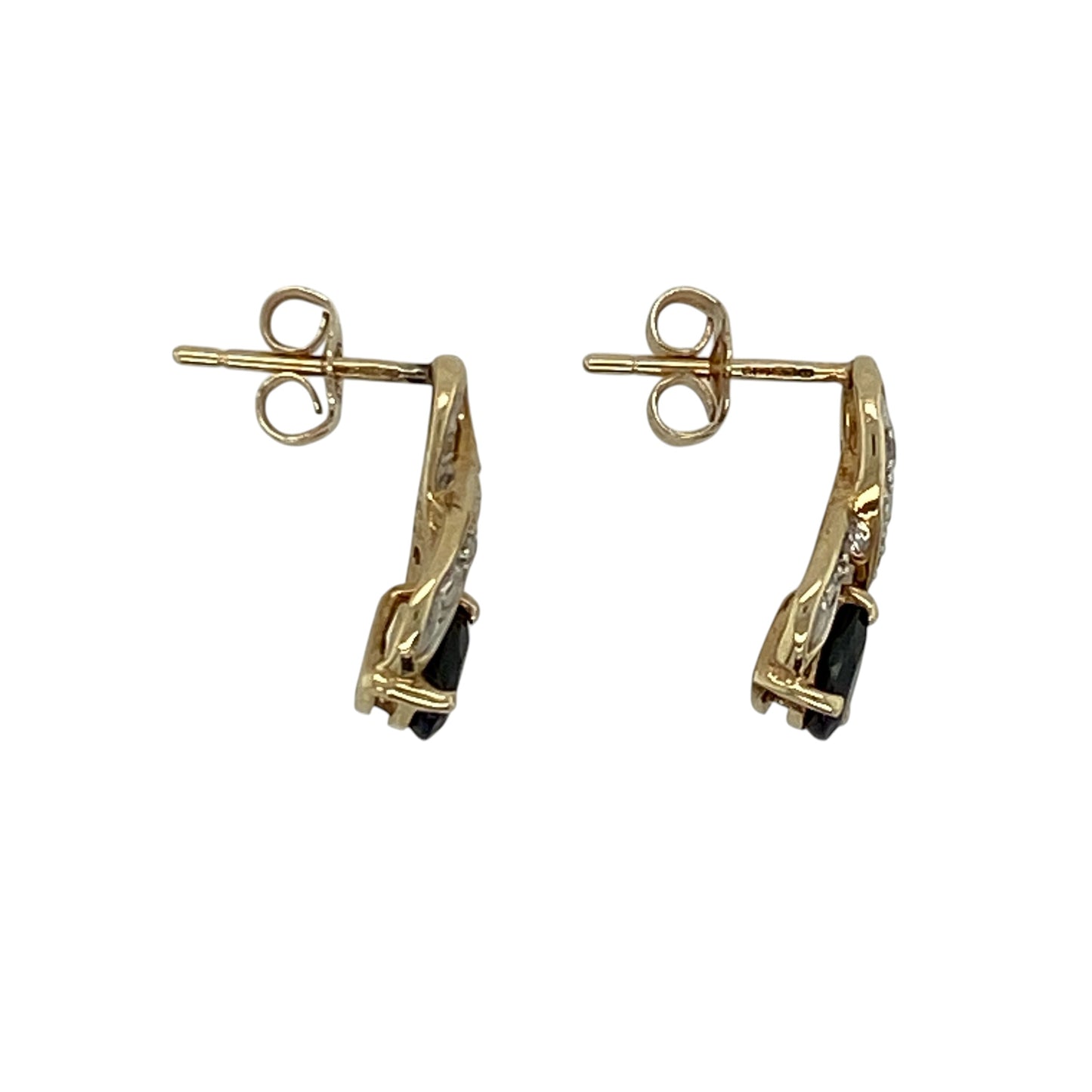 Add a touch of classic elegance and rich colour to your jewellery collection with these pre-owned 9ct yellow gold diamond and sapphire set stud earrings—perfect for both everyday wear and special occasions.

Design: These stud earrings feature beautifully shaped teardrop sapphires, each measuring approximately 5mm by 3mm, accented by sparkling diamonds for added brilliance and a refined finish.