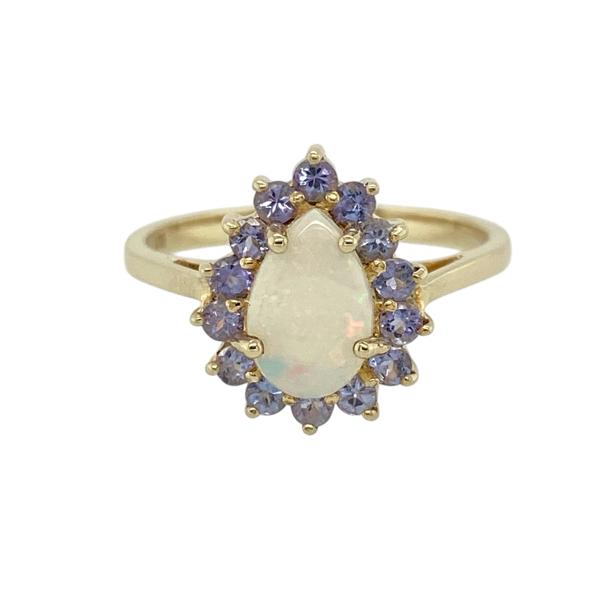 9ct Gold Opalique & Tanzanite Set Teardrop Cluster Ring