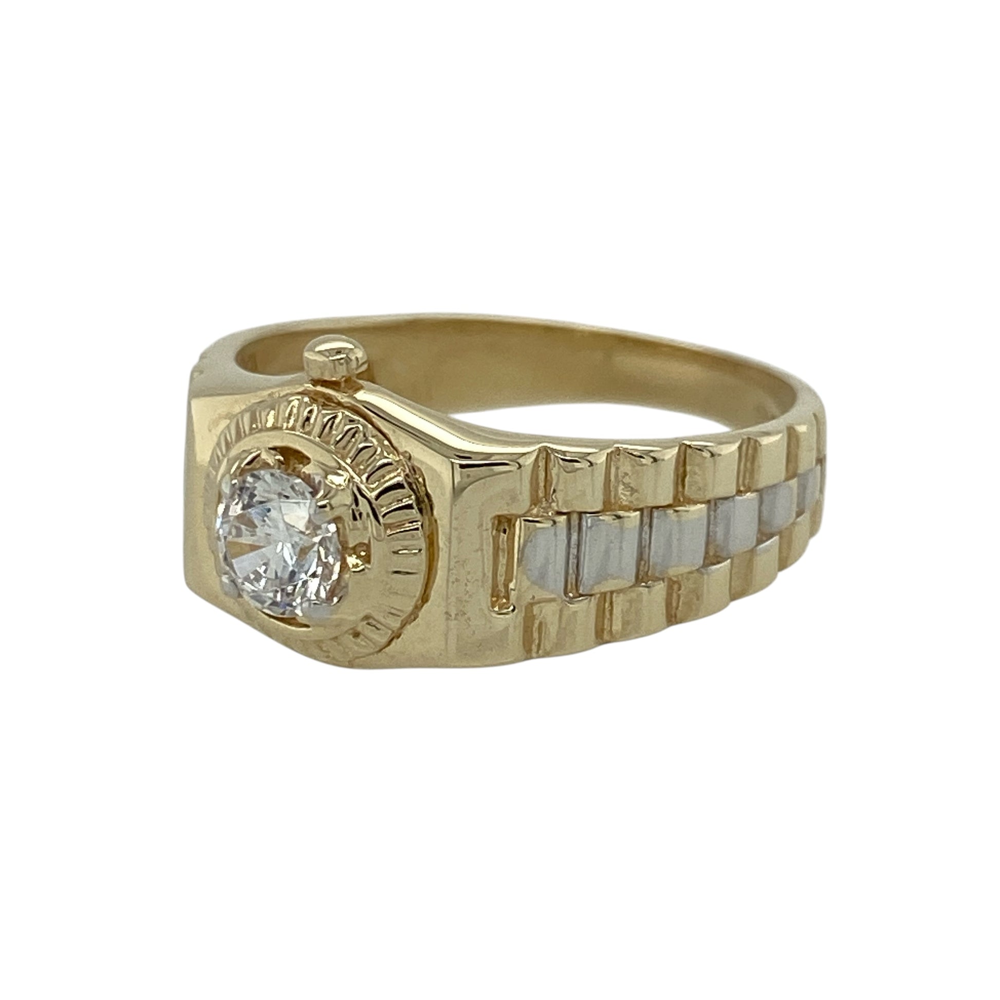 Add a unique and eye-catching piece to your jewellery collection with this pre-owned 9ct yellow and white gold cubic zirconia set watch ring—combining novelty design with elegant sparkle.

Design: This watch-style ring features a distinctive centrepiece with a 5mm round cubic zirconia stone, creating a bold focal point within its decorative setting. The design offers a playful yet stylish look that stands out on the hand.