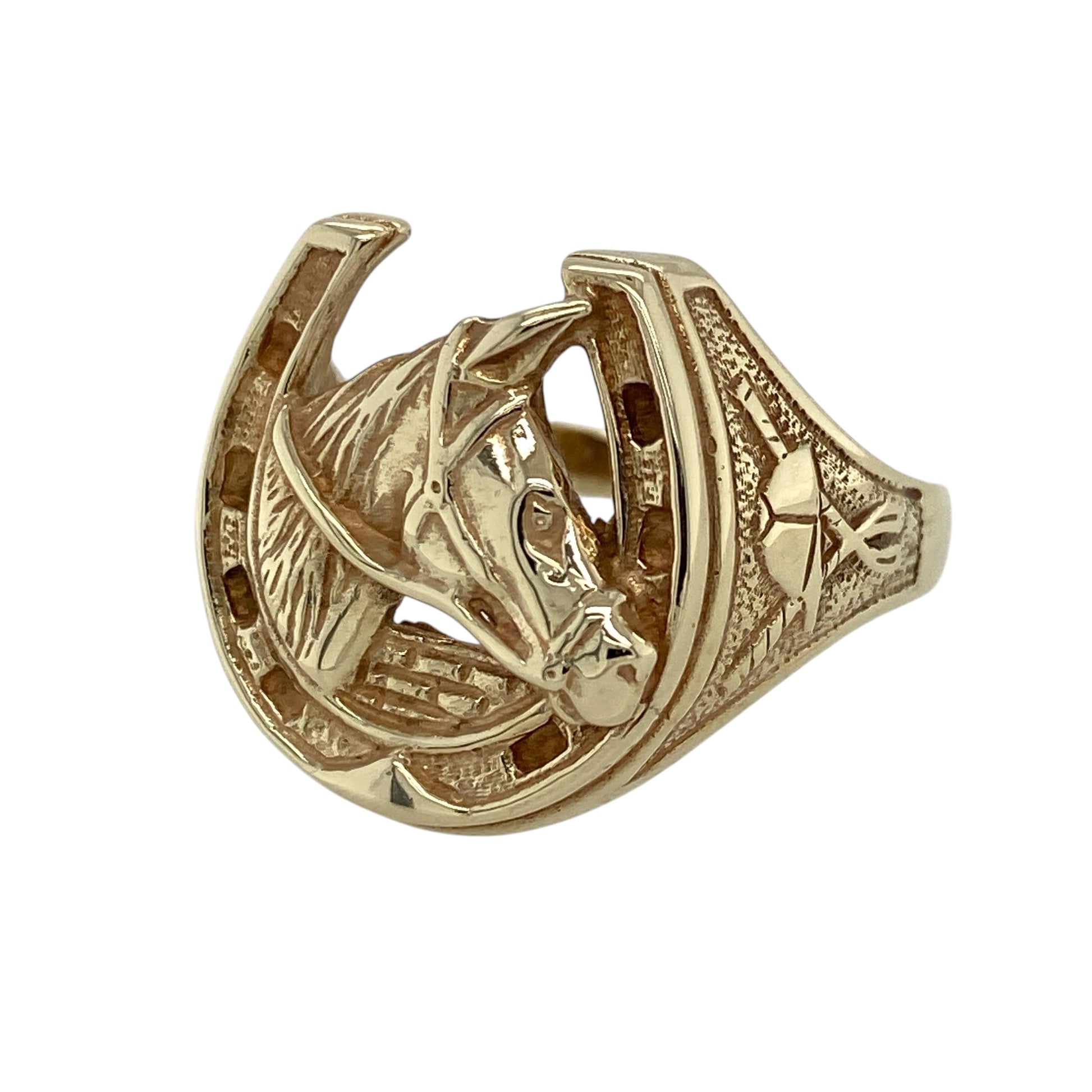 Make a bold and distinctive statement with this pre-owned 9ct yellow gold horse head horseshoe ring—an eye-catching piece perfect for equestrian lovers or those who appreciate unique jewellery.

Design: This ring features a detailed horse head set within a horseshoe motif, symbolising luck and strength. The impressive 20mm high front creates a striking and standout presence on the hand.