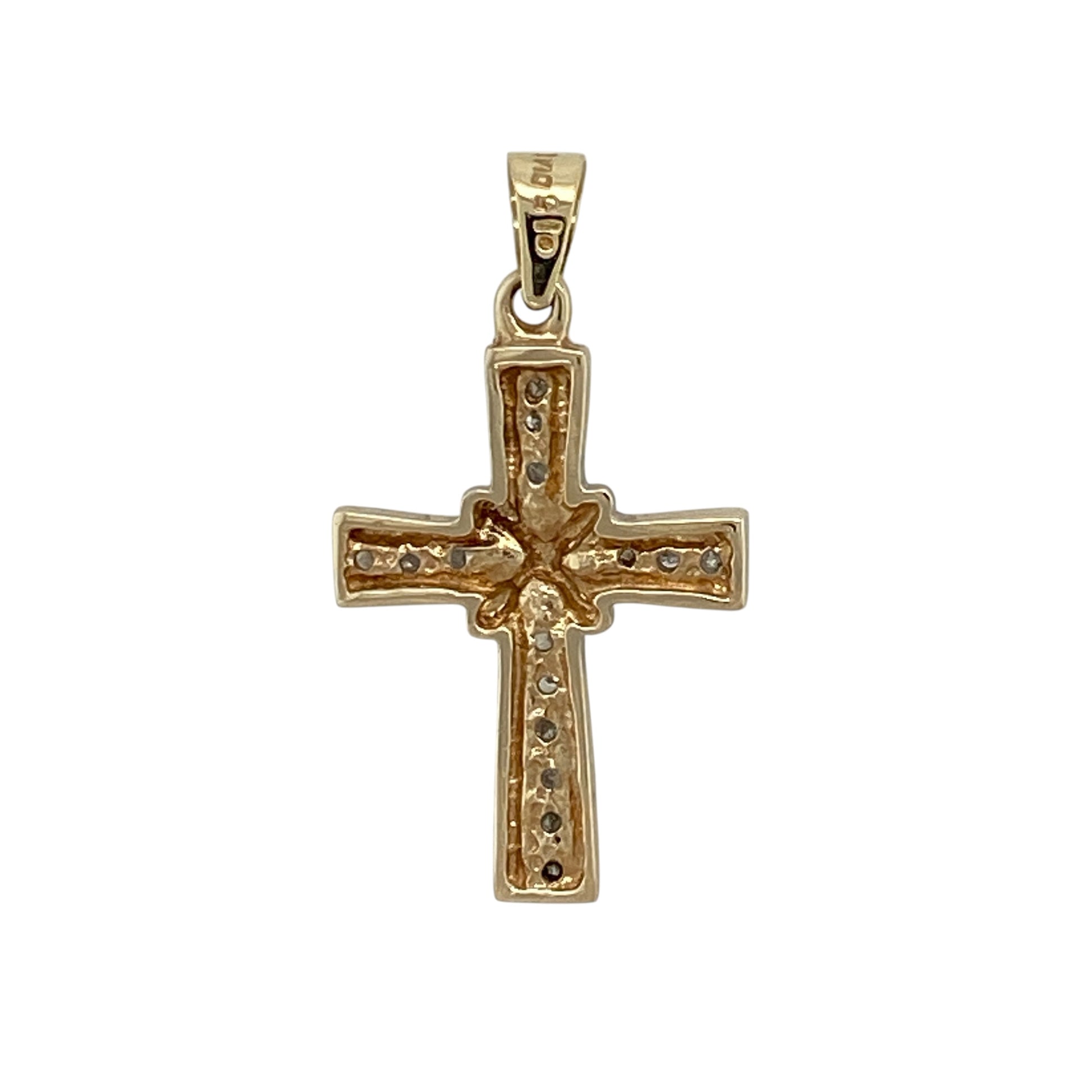 Add a meaningful touch of sparkle to your jewellery collection with this pre-owned 9ct yellow gold diamond set cross pendant—an elegant and symbolic piece perfect for everyday wear.

Design: This pendant features a classic cross design, accented with sparkling diamonds that add subtle brilliance while maintaining a refined and timeless look.
Material: Made from 9-carat yellow gold, the polished finish enhances the warmth of the gold while complementing the shimmer of the diamonds.