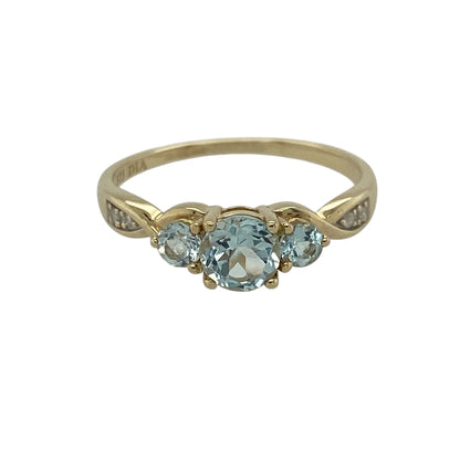 9ct Gold Diamond & Aqua Coloured Trilogy Ring
