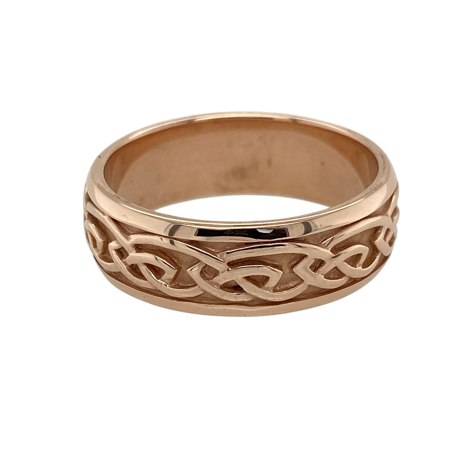 Bring heritage charm and symbolic elegance to your collection with this pre-owned Clogau Annwyl Celtic knot band ring in 9ct rose gold—a meaningful design inspired by Welsh tradition.

Design: The ring features an 8mm wide band decorated with an intricate Celtic knot pattern, symbolising eternity, unity, and interconnectedness.
Material: Made from 9-carat rose gold, the polished finish highlights the warm blush tones and enhances the detailed knotwork.