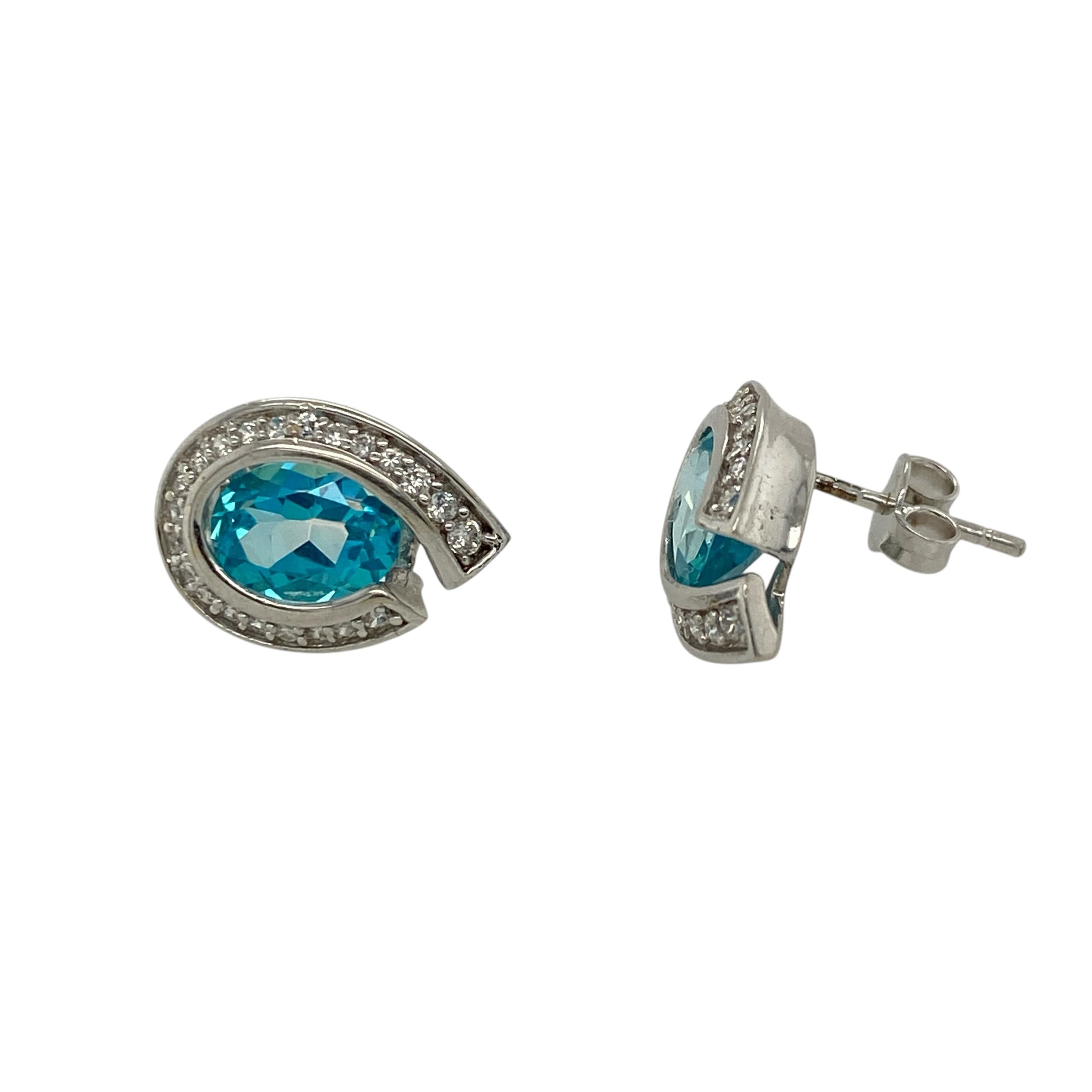 9ct White Gold Blue Topaz & Cubic Zirconia Set Teardrop Stud Earrings