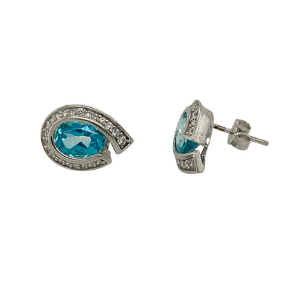 9ct White Gold Blue Topaz & Cubic Zirconia Set Teardrop Stud Earrings