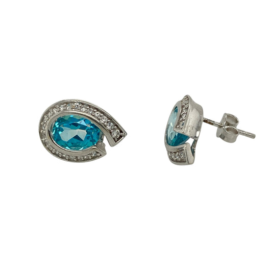 9ct White Gold Blue Topaz & Cubic Zirconia Set Teardrop Stud Earrings