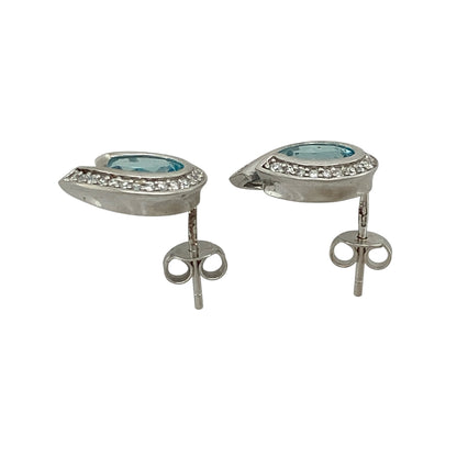 9ct White Gold Blue Topaz & Cubic Zirconia Set Teardrop Stud Earrings