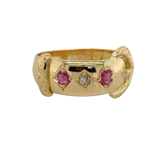 18ct Gold Diamond & Ruby Set Vintage Buckle Ring
