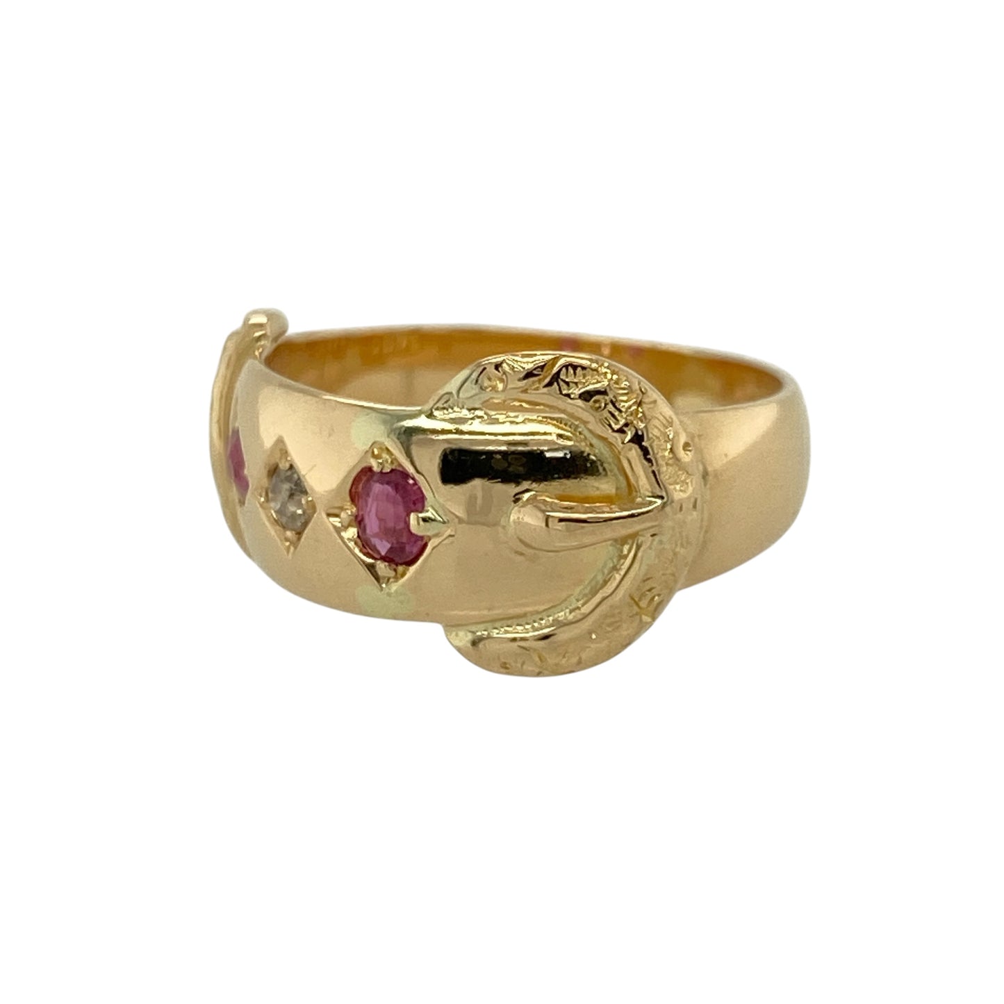 Add vintage charm and symbolic style to your jewellery collection with this pre-owned 18ct yellow gold diamond and ruby set buckle ring—an eye-catching piece full of character and elegance.

Design: This ring features a classic buckle design with a 7mm wide band and an 11mm high buckle front, adorned with rich ruby gemstones and sparkling diamonds for a bold and decorative finish.