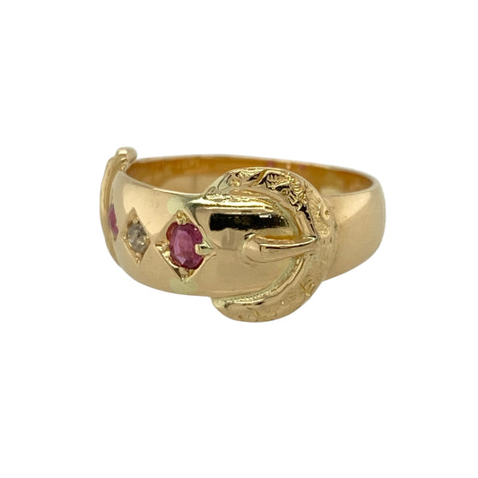 Add vintage charm and symbolic style to your jewellery collection with this pre-owned 18ct yellow gold diamond and ruby set buckle ring—an eye-catching piece full of character and elegance.

Design: This ring features a classic buckle design with a 7mm wide band and an 11mm high buckle front, adorned with rich ruby gemstones and sparkling diamonds for a bold and decorative finish.