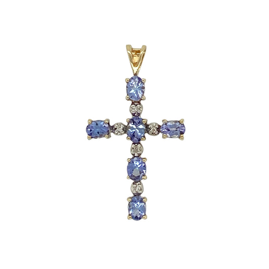9ct Gold Diamond & Tanzanite Set Cross Pendant