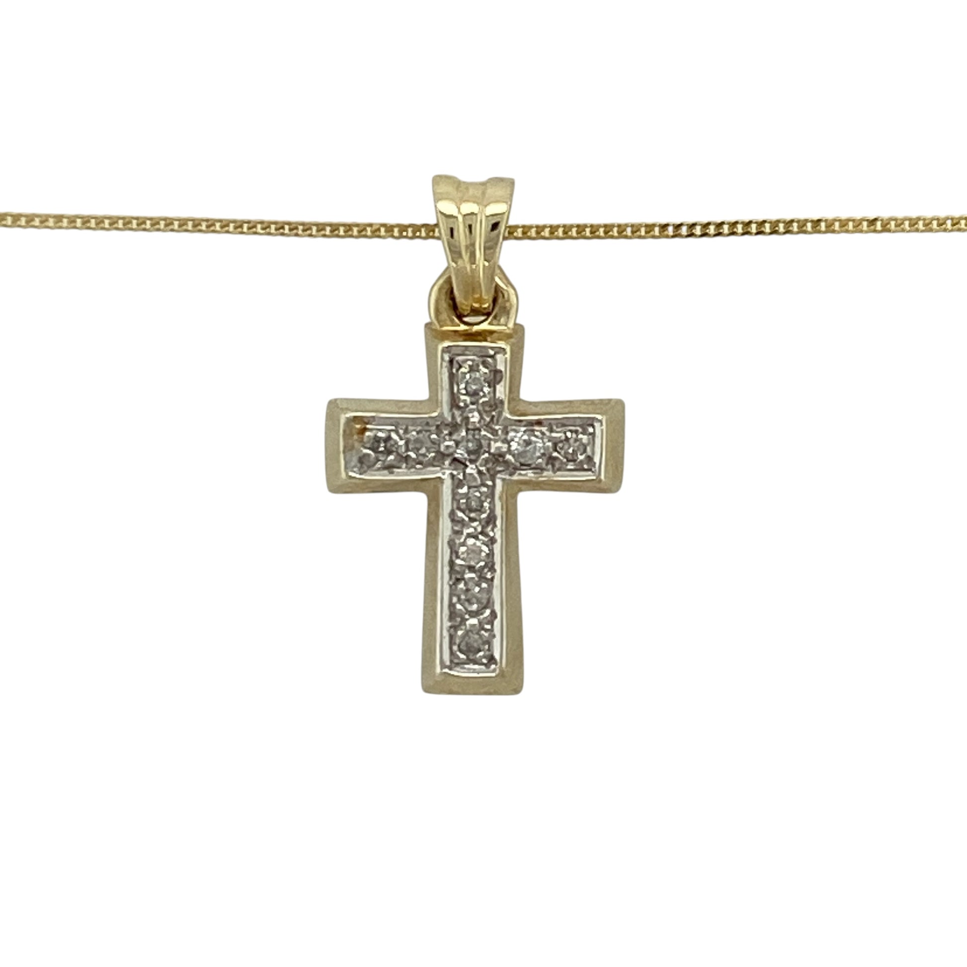 Add a meaningful touch of sparkle to your jewellery collection with this pre-owned 9ct yellow and white gold diamond set cross pendant necklace—an elegant and timeless piece perfect for everyday wear.

Design: This necklace features a classic cross pendant measuring approximately 2.3cm in length including the bail, set with sparkling diamonds that create a refined and eye-catching finish.