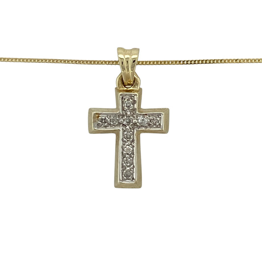 Add a meaningful touch of sparkle to your jewellery collection with this pre-owned 9ct yellow and white gold diamond set cross pendant necklace—an elegant and timeless piece perfect for everyday wear.

Design: This necklace features a classic cross pendant measuring approximately 2.3cm in length including the bail, set with sparkling diamonds that create a refined and eye-catching finish.