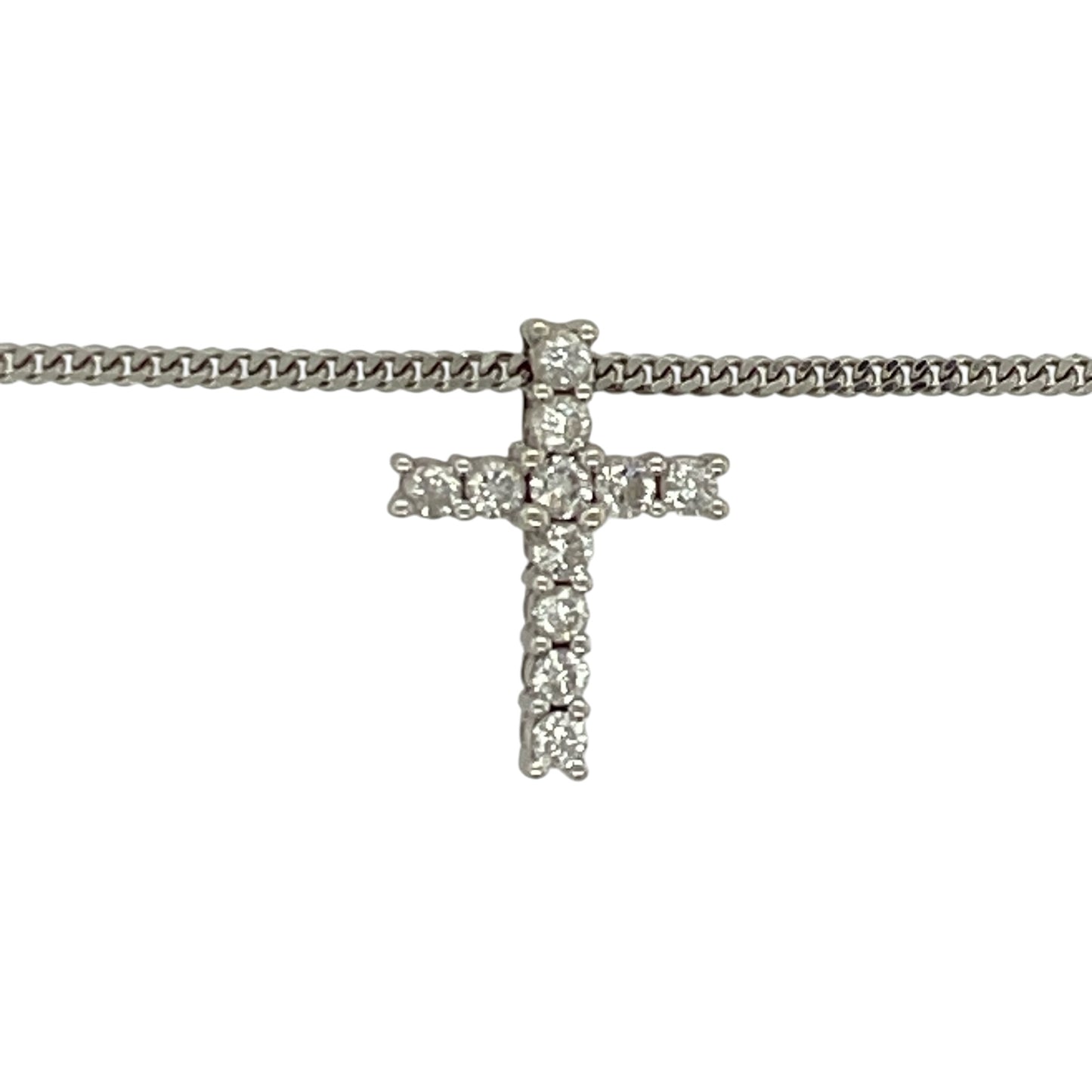 Add a meaningful touch of sparkle to your jewellery collection with this pre-owned 9ct white gold diamond set cross pendant necklace—an elegant and timeless piece perfect for everyday wear.

Design: This necklace features a classic cross pendant measuring approximately 14mm in length, set with sparkling diamonds that create a refined and eye-catching finish.