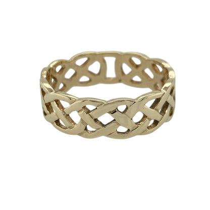 Add heritage-inspired style to your jewellery collection with this pre-owned 9ct yellow gold open Celtic knot band ring—an eye-catching and meaningful piece perfect for everyday wear.

Design: This band ring features an open Celtic knot design across a 7mm wide front, creating an intricate and flowing pattern with a distinctive and decorative finish.
Material: Made from 9-carat yellow gold, the polished finish enhances the detailing while adding a warm and traditional appeal.