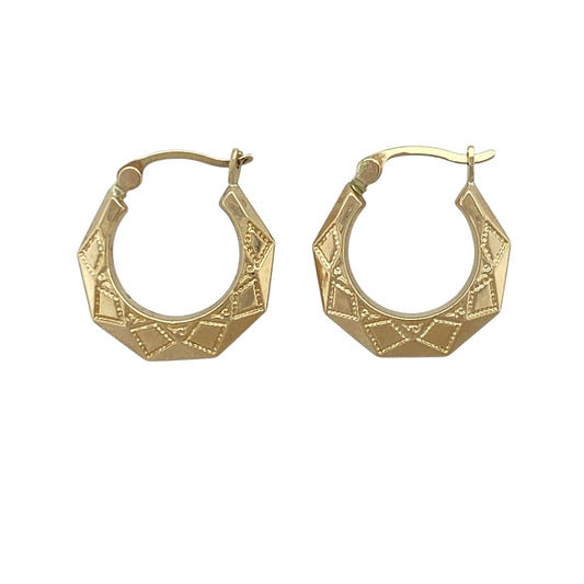 9ct Gold Patterned Hexagon Shaped Creole Earrings
