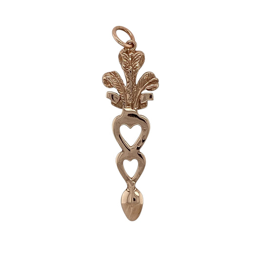 Add a meaningful touch of Welsh heritage to your jewellery collection with this pre-owned 9ct rose gold Cymru Gold Welsh Three Feathers heart lovespoon pendant—an elegant and symbolic piece perfect for everyday wear.

Design: This pendant features a beautifully detailed lovespoon design incorporating a heart motif and the iconic Welsh Three Feathers, creating a charming and culturally significant piece.
