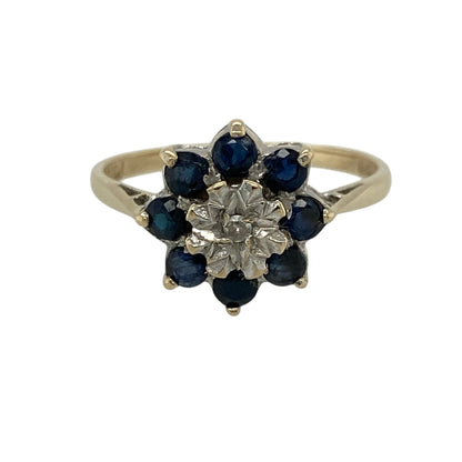 9ct Gold Diamond & Sapphire Set Flower Cluster Ring
