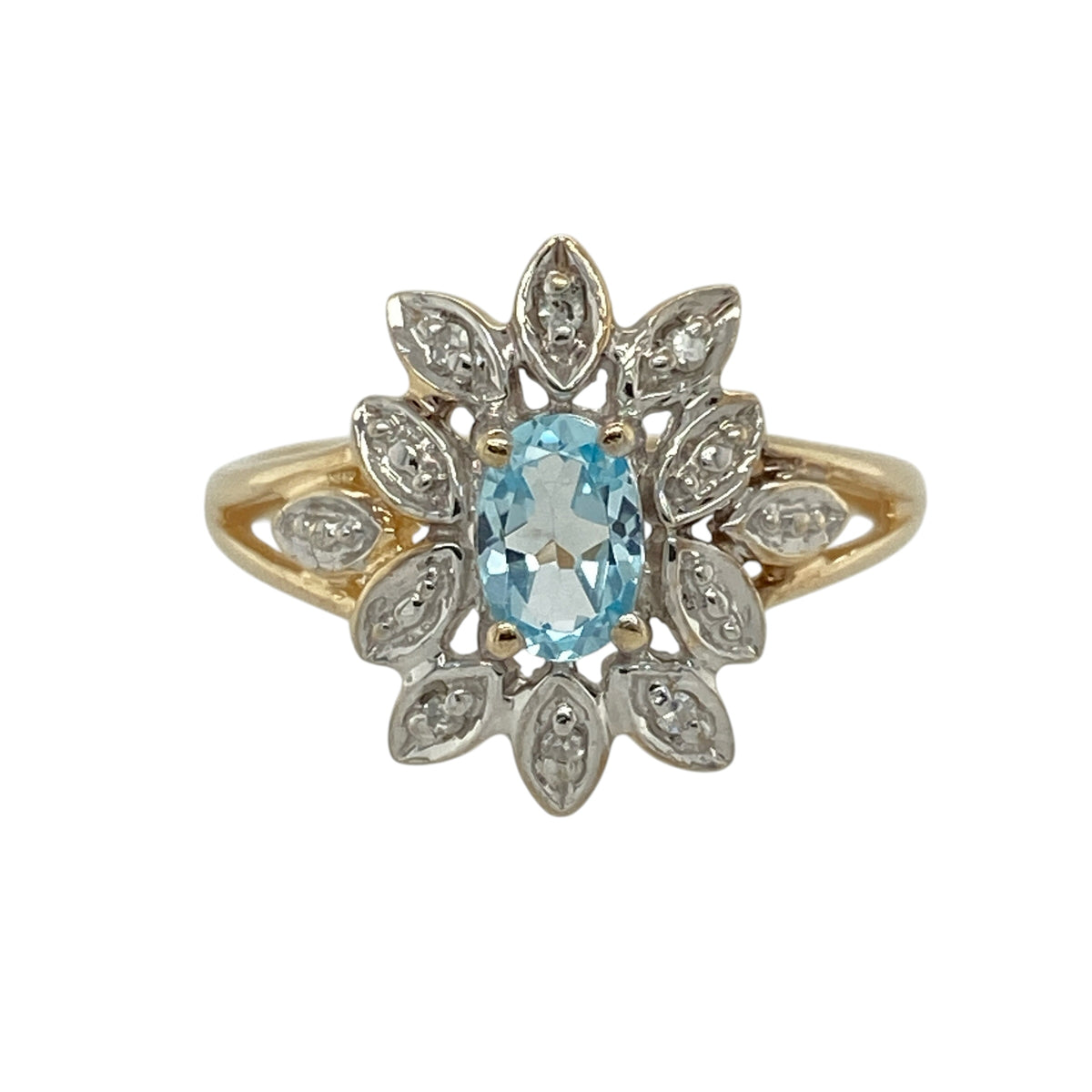 9ct Gold Diamond & Blue Topaz Set Flower Cluster Ring