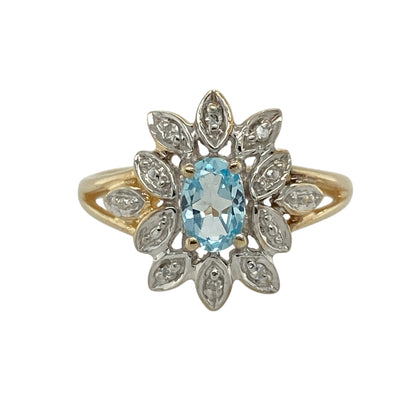 9ct Gold Diamond & Blue Topaz Set Flower Cluster Ring