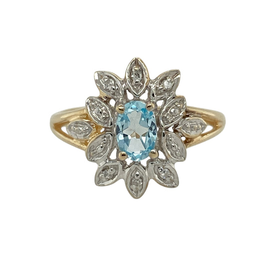 9ct Gold Diamond & Blue Topaz Set Flower Cluster Ring