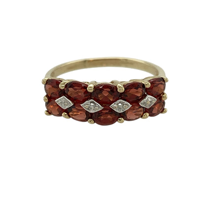 9ct Gold Diamond & Garnet Set Cluster Band Ring