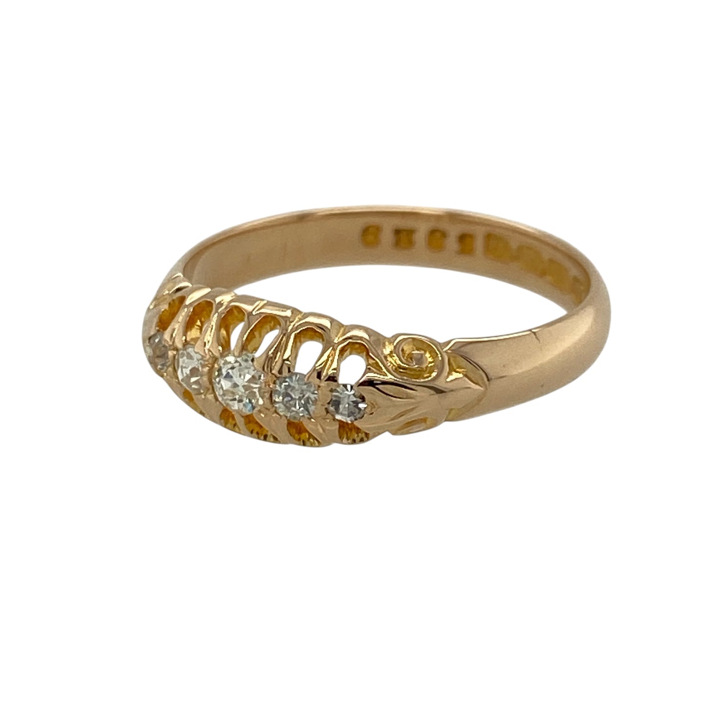 Add timeless charm and refined sparkle to your jewellery collection with this pre-owned 18ct yellow gold diamond set five stone vintage boat style ring—an elegant piece perfect for everyday wear or special occasions.

Design: This ring features a classic vintage boat-style design with a 6mm high front, set with five diamonds arranged in a gentle curve, creating a balanced and sophisticated look across the finger.