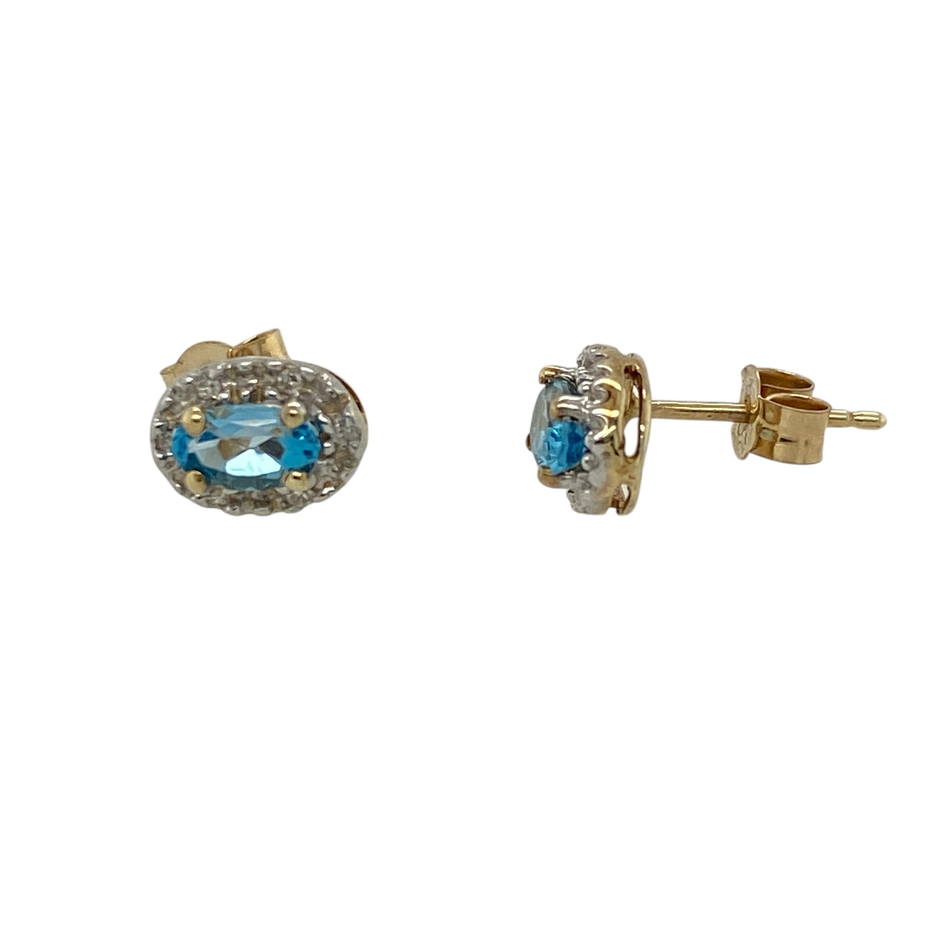 9ct Gold Diamond & Blue Topaz Set Oval Cluster Stud Earrings