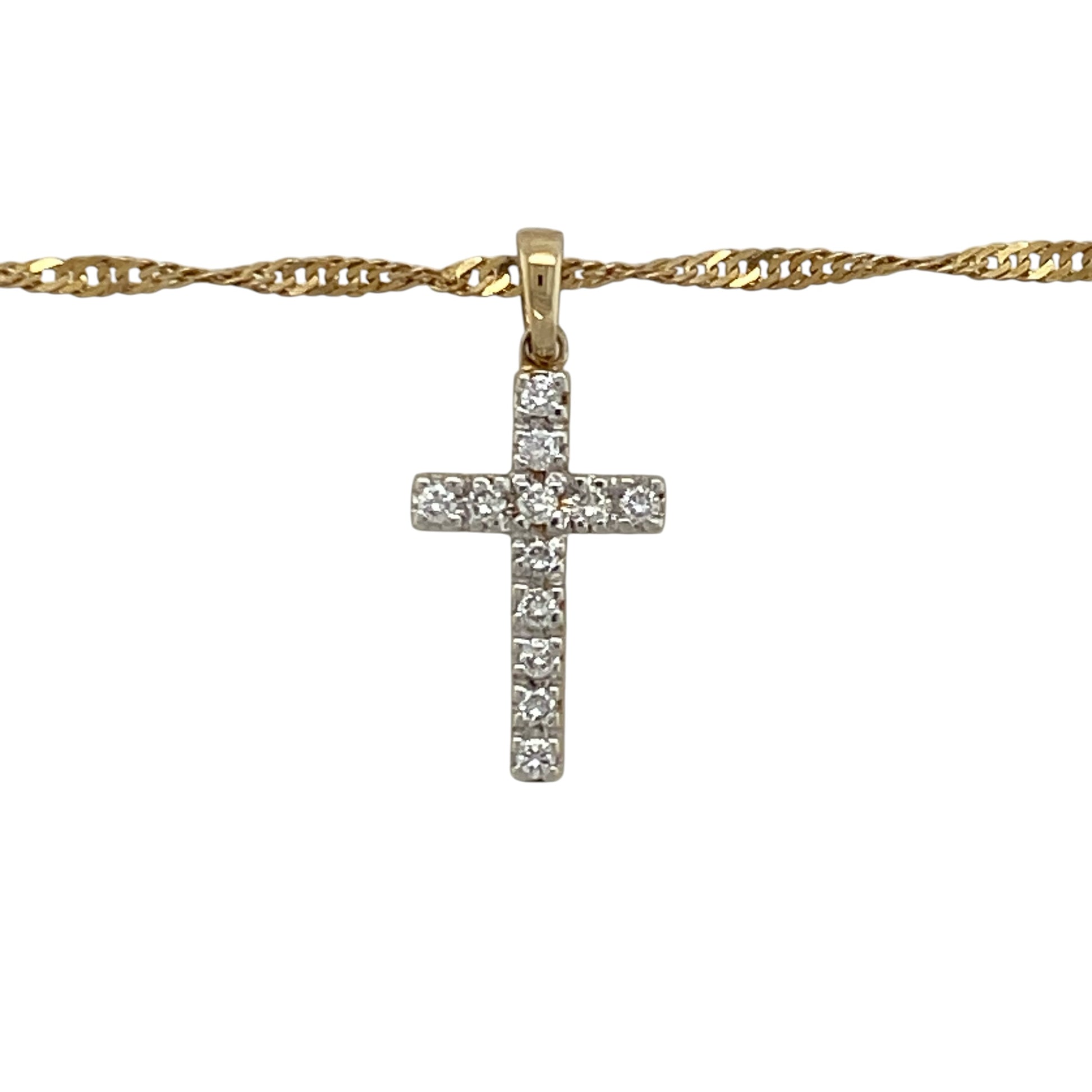 Add a meaningful touch of sparkle to your jewellery collection with this pre-owned 9ct yellow gold diamond set cross pendant necklace—an elegant and timeless piece perfect for everyday wear.

Design: This necklace features a classic cross pendant measuring approximately 2.2cm in length including the bail, set with sparkling diamonds that create a refined and eye-catching finish.