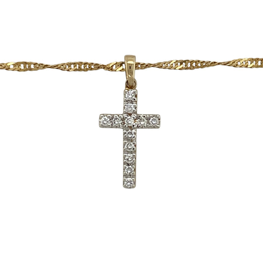 Add a meaningful touch of sparkle to your jewellery collection with this pre-owned 9ct yellow gold diamond set cross pendant necklace—an elegant and timeless piece perfect for everyday wear.

Design: This necklace features a classic cross pendant measuring approximately 2.2cm in length including the bail, set with sparkling diamonds that create a refined and eye-catching finish.
