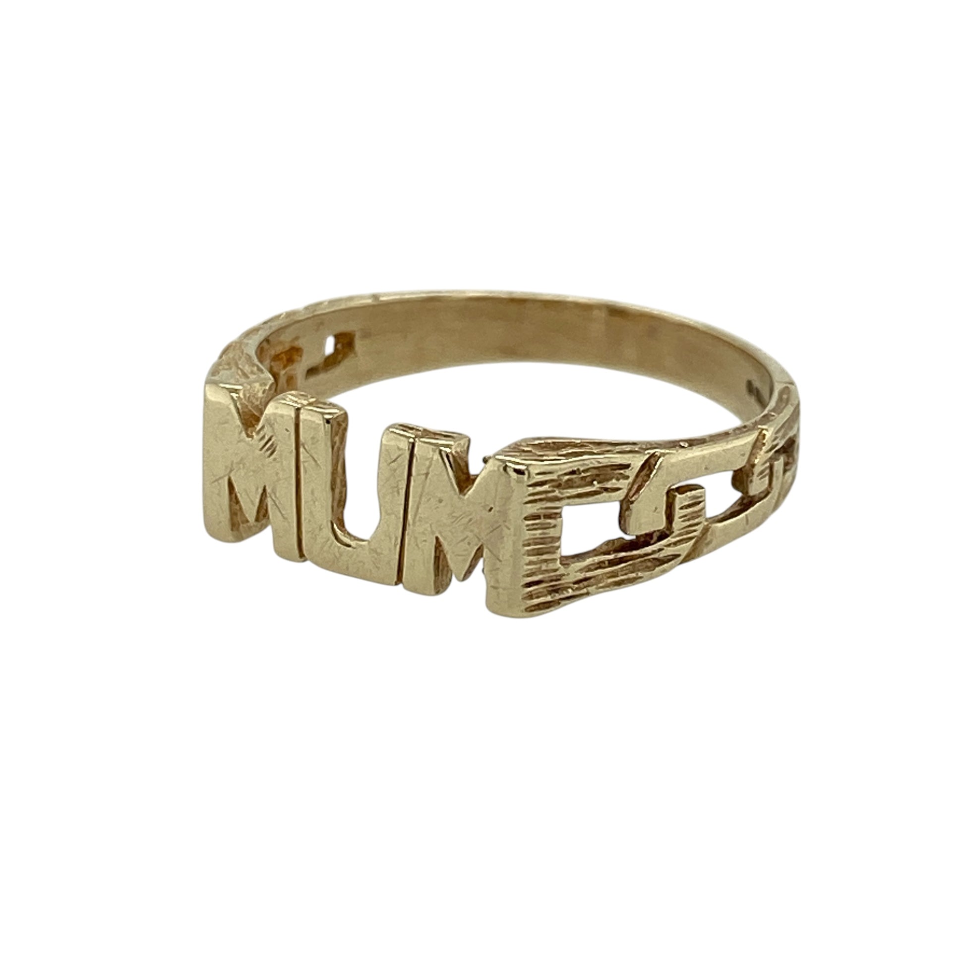 Add a meaningful and stylish piece to your jewellery collection with this pre-owned 9ct yellow gold Mum ring—an elegant and sentimental design perfect for everyday wear.

Design: This ring features a “Mum” motif across the front, measuring approximately 5mm high, with open curb-style shoulders that add a unique and decorative touch.
Material: Made from 9-carat yellow gold, the polished finish enhances the warm golden tone while highlighting the detailed design.