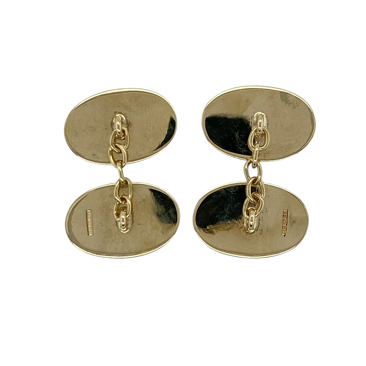 Add a touch of classic sophistication to your formalwear with these pre-owned 9ct yellow gold plain oval cufflinks—an elegant and timeless accessory perfect for any occasion.

Design: These cufflinks feature a smooth oval face with a clean and understated finish, offering a refined and versatile look suitable for both formal and business attire.
Material: Made from 9-carat yellow gold, the polished finish enhances the rich golden tone while maintaining a sleek and classic appearance.