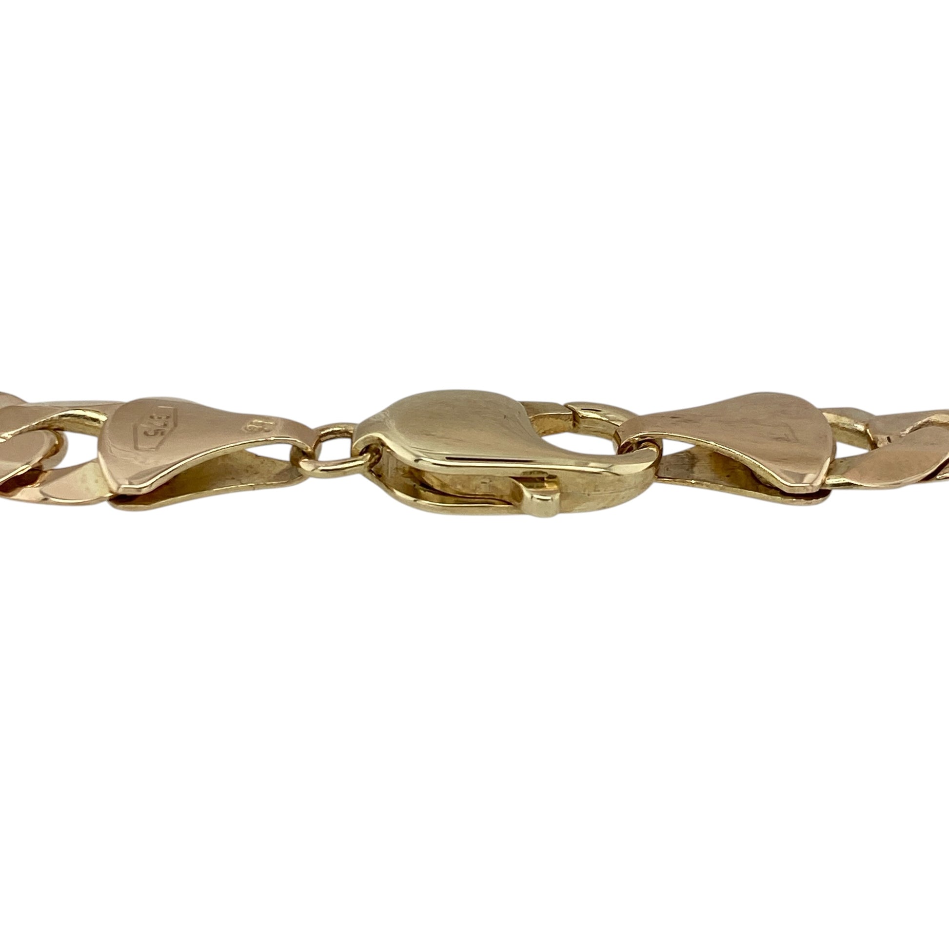 Make a bold and distinctive statement with this pre-owned 9ct rose gold curb bracelet featuring a yellow gold clasp—an eye-catching piece that combines classic design with a unique two-tone finish.

Design: This 8.5" bracelet features traditional curb links, closely interlocked to create a smooth and structured look. The substantial 9mm width gives it a strong and commanding presence on the wrist.